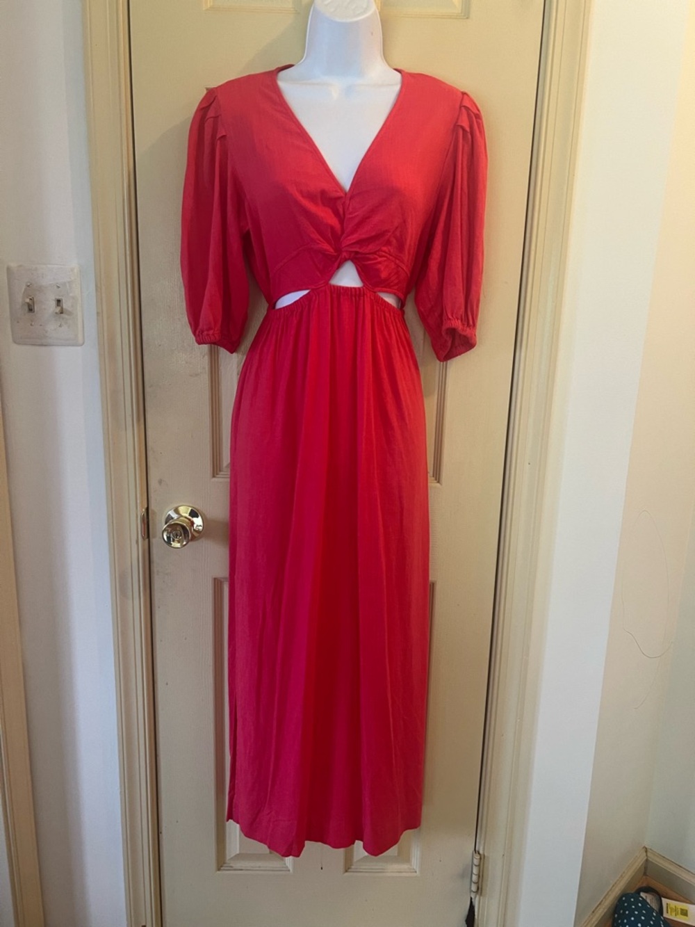 Kittenish Red Twist Front Maxi Dress with Puff Sleeves